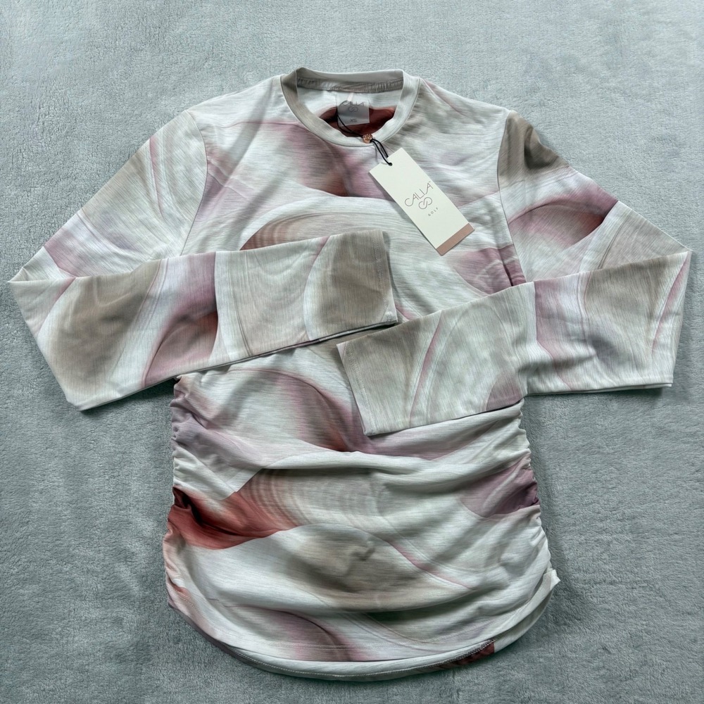Calia Tissue Texture LS Crew Dunes Coral Ruched Active Top Marble XS WCG11055P